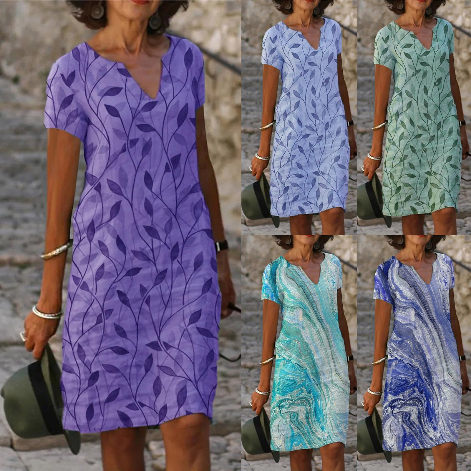 Women's Cotton Linen Print V-Neck Loose Dress