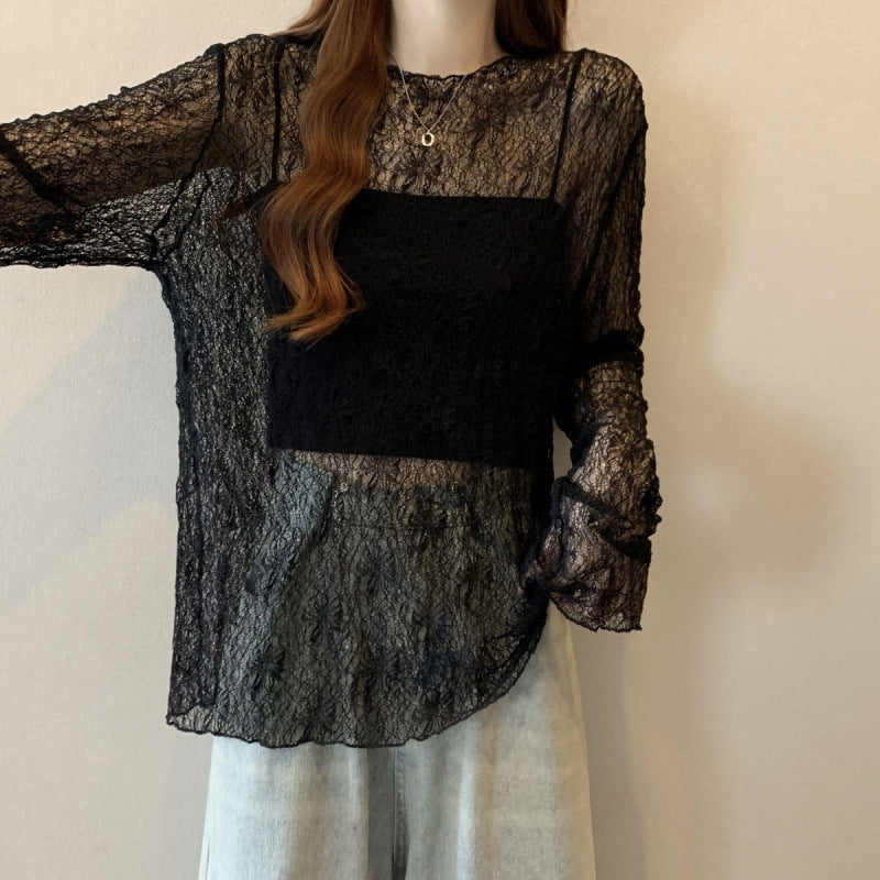 Black Thin Slightly Sheer Lace Long Sleeve T-shirt