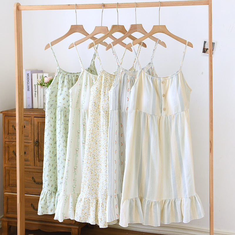 Sweet Floral Suspender Skirt Cotton Pajamas