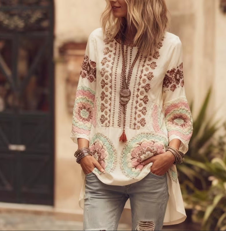 Ethnic Style Casual Round Neck Top