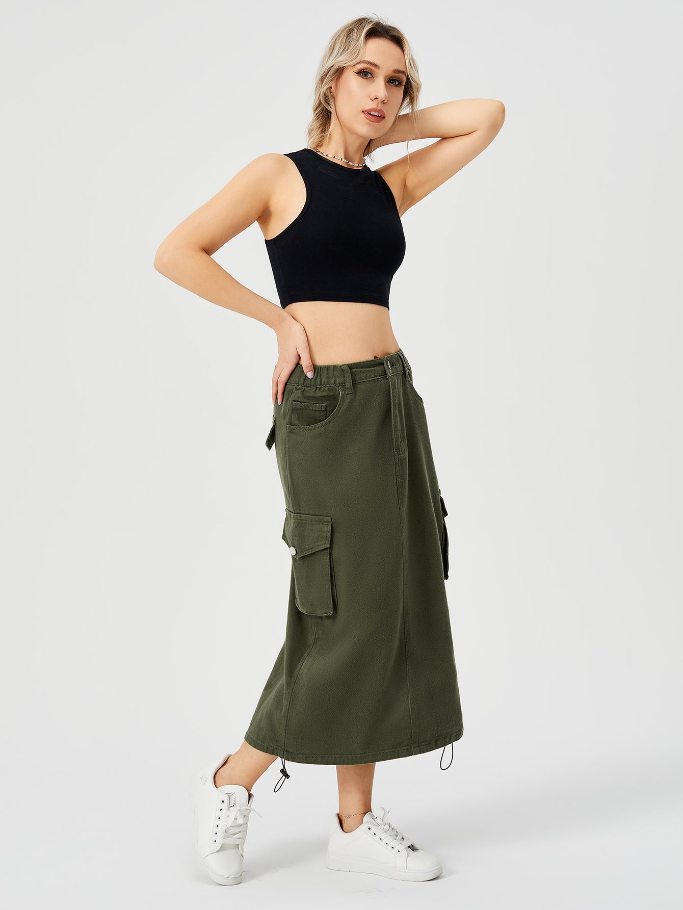 Women's Cargo Long Skirt Casual Streetwear Loose High Waist Front Split Maxi Skirt