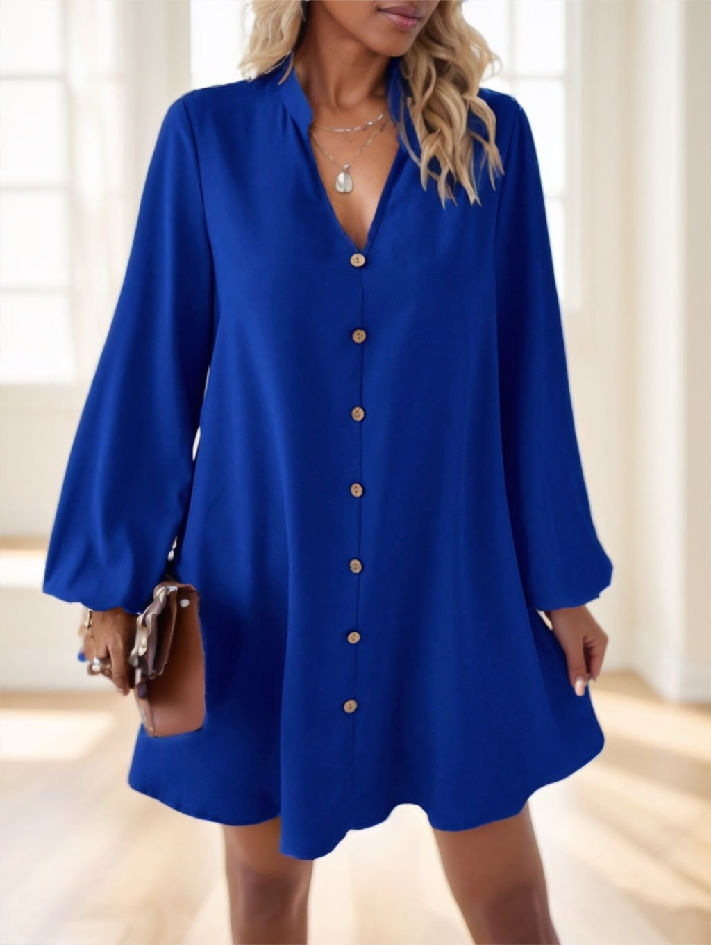 Round Neck Lantern Sleeve Shirt Dress