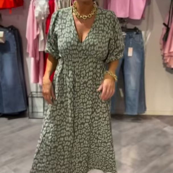 Printed V-neck Plus Size Dress Women