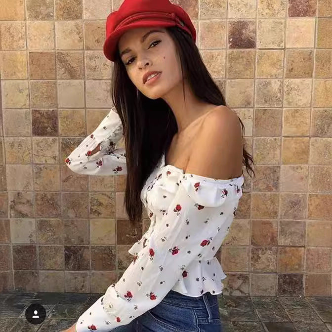 French Retro Square Neck Print Single-breasted Long Sleeve Ruffle Shirt