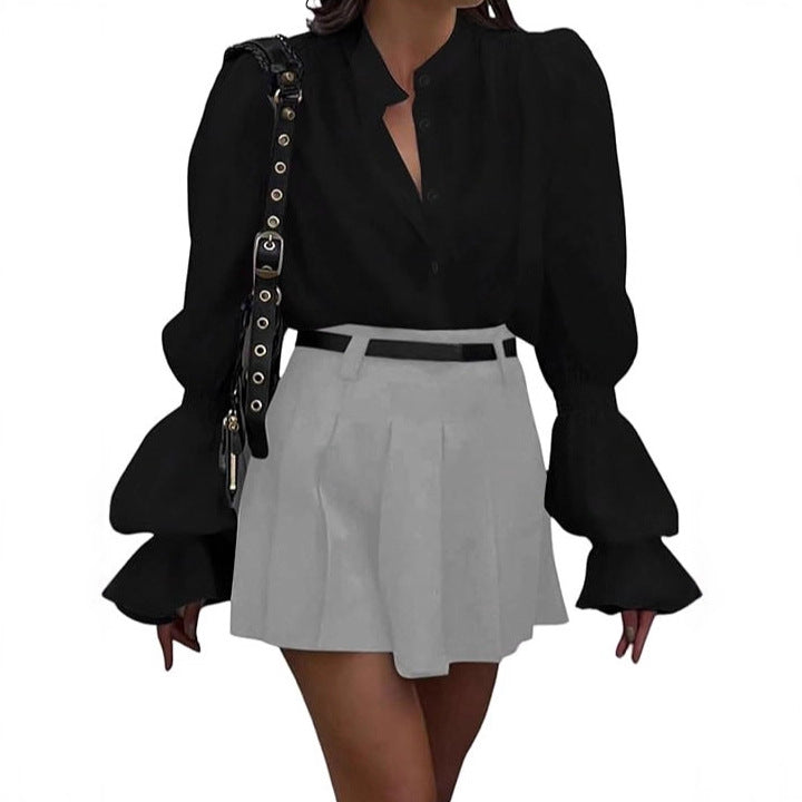 Elegant Temperament Commuter Lantern Sleeve Round Neck Single-breasted Shirt