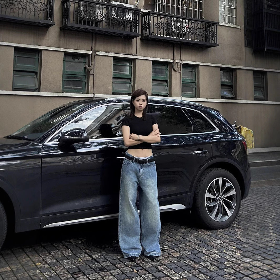 Retro Washed Wide Leg Worn Jeans Women's Straight Casual Pants