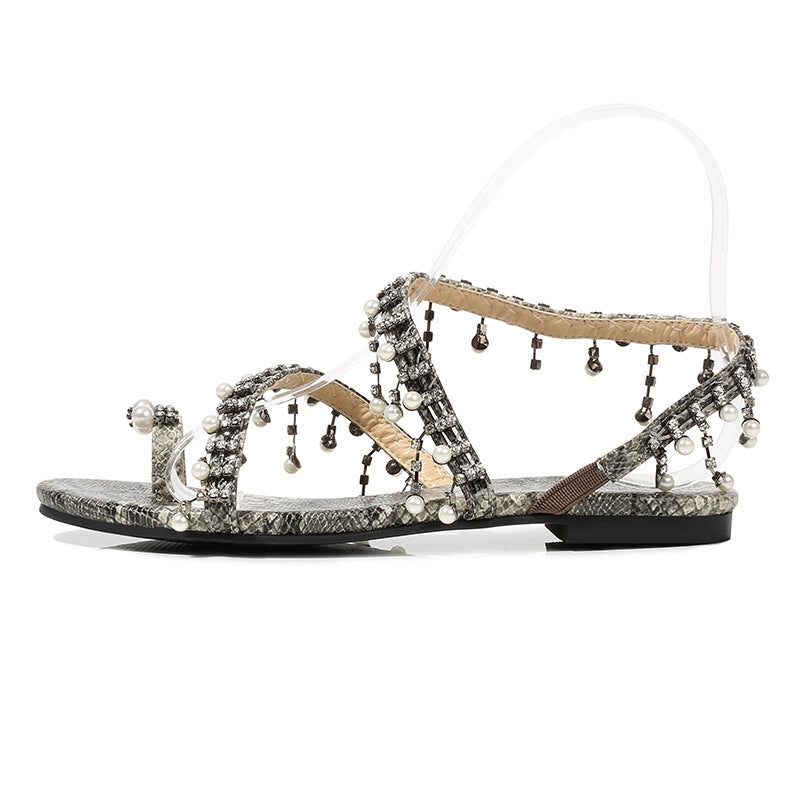 New Female Snake Print Flip Flops Pearl Sandals