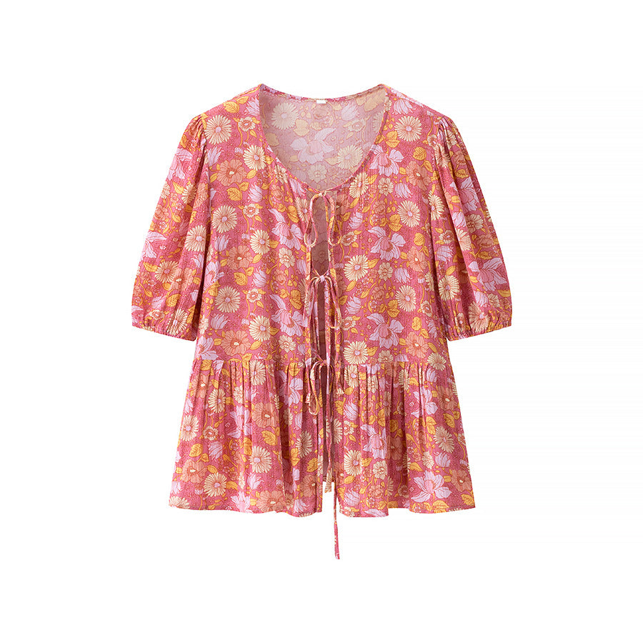 Women's New Fashion Viscose Wrinkle Print Short Sleeve Embroidered Shirt