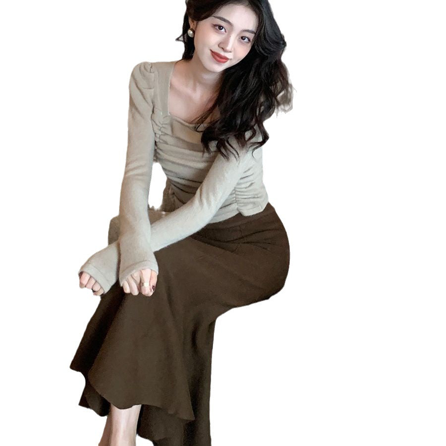 Womens Solid-Colored French-Style Retro High-Waist Knitted Fishtail Skirt