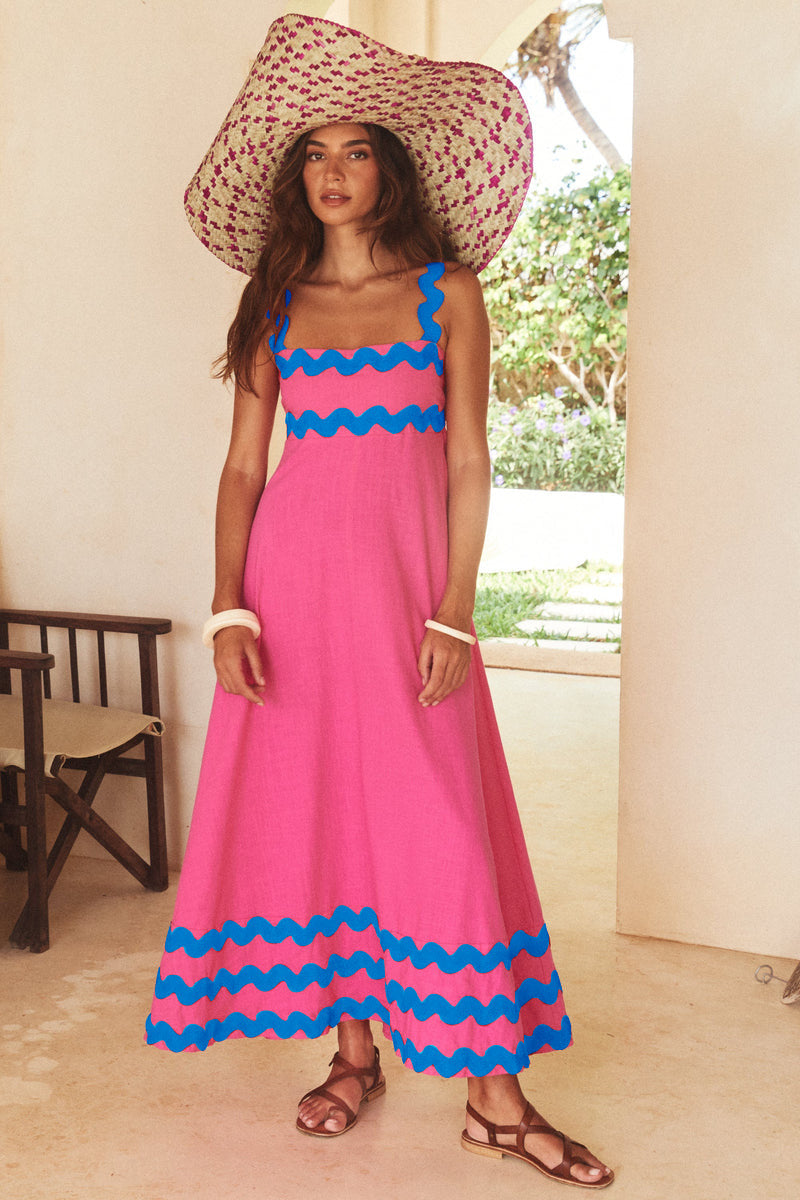 Flowers Print Wavy Pattern Suspender Long Beach Dress For Women