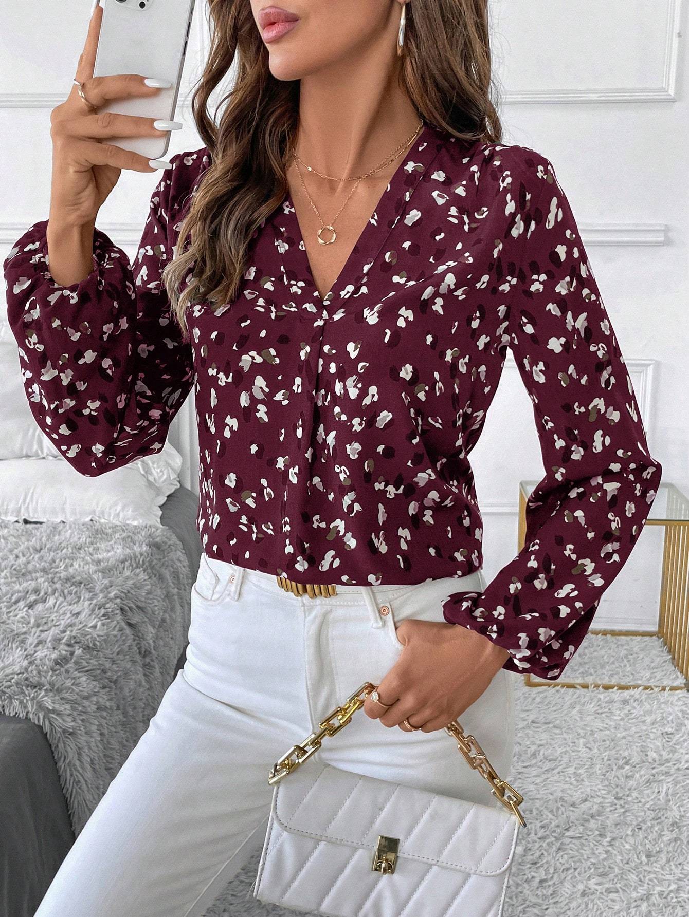 Women's V-Neck All-Over Print Elegant Long Sleeve Blouse
