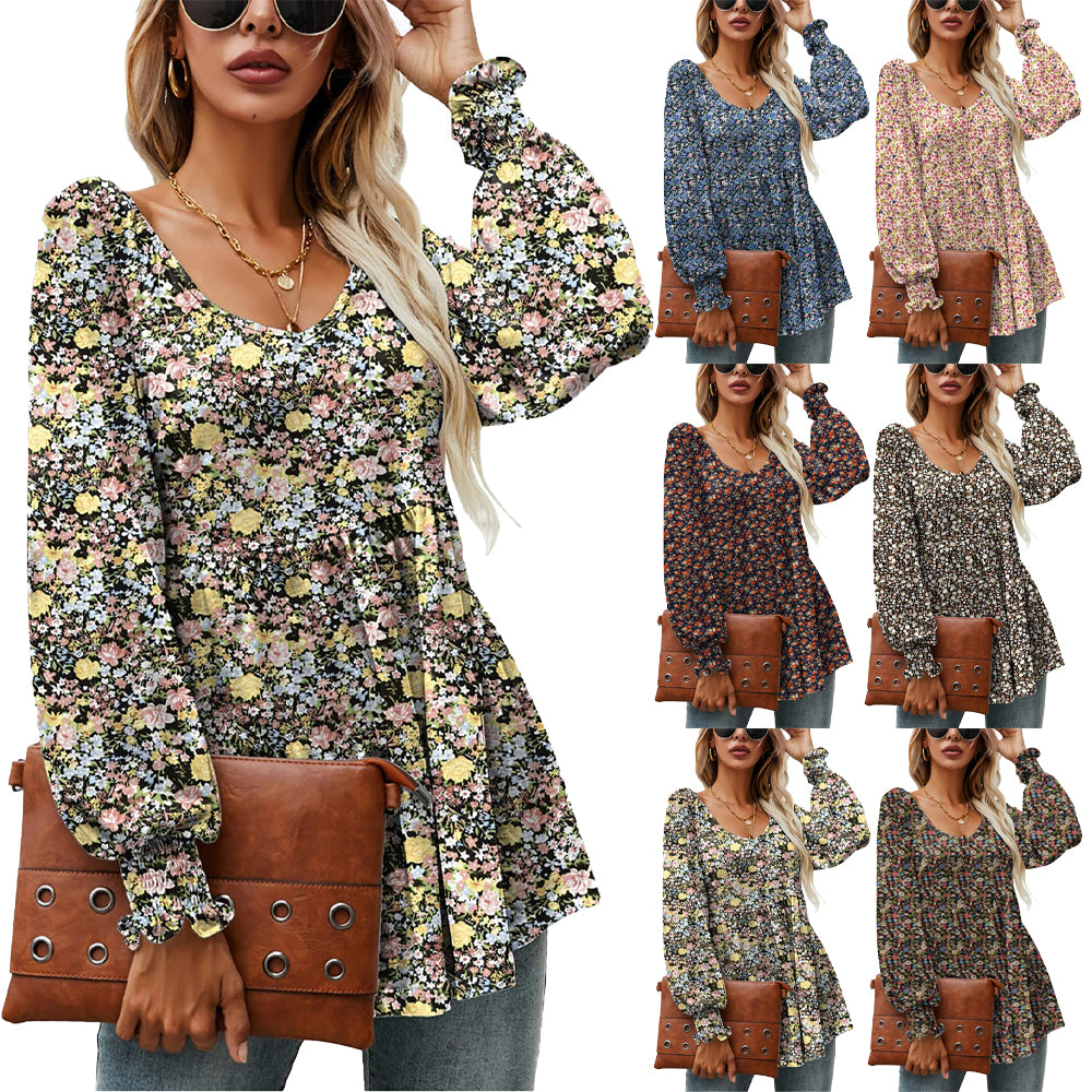 Long Puff Sleeve Tops Women Flowers Print Casual V-Neck Blouse