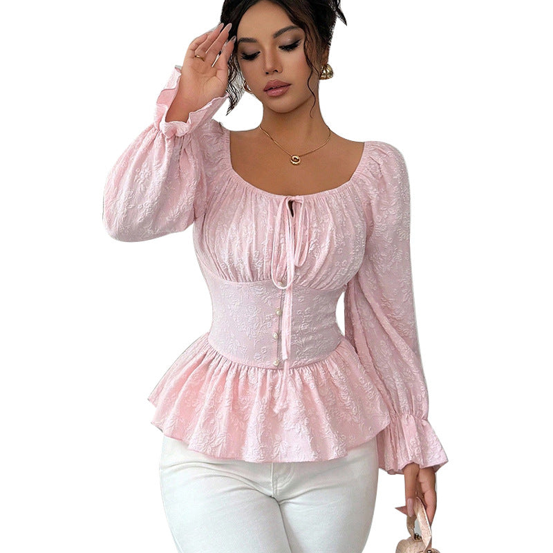 French-style Design New U-neck Tie Long-sleeved Top