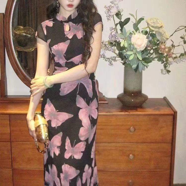 Butterfly Print Dress Retro Charm