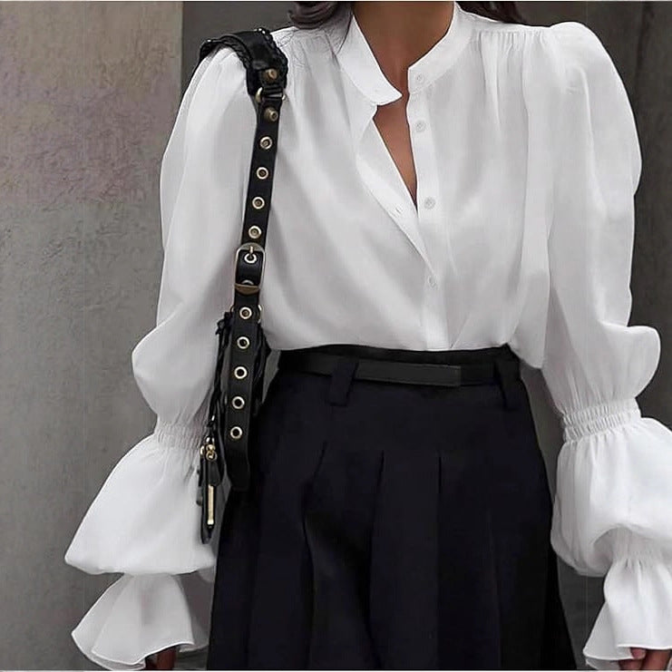 Elegant Temperament Commuter Lantern Sleeve Round Neck Single-breasted Shirt