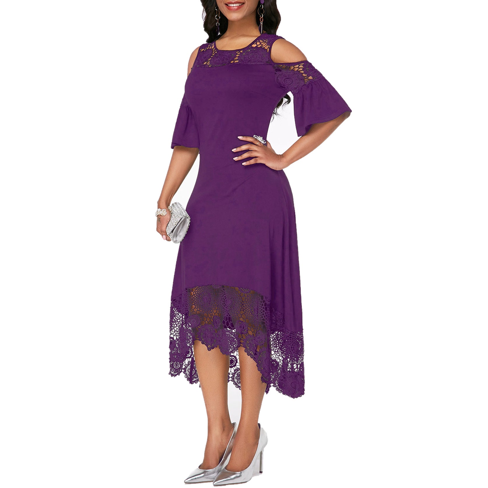Lace Stitching Ruffled Short-sleeved Pullover Dress Women