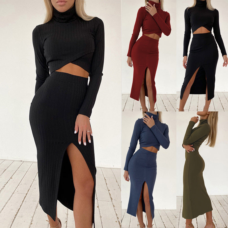 High-neck Long-sleeve T-shirt High-waist Wrap Slit Skirt Casual Set