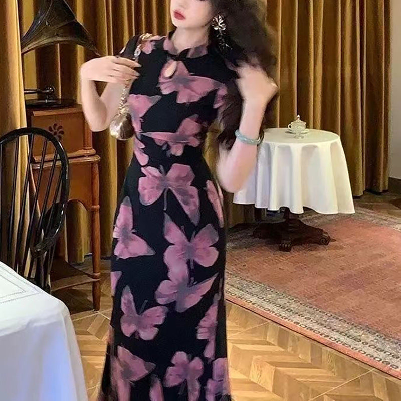 Butterfly Print Dress Retro Charm