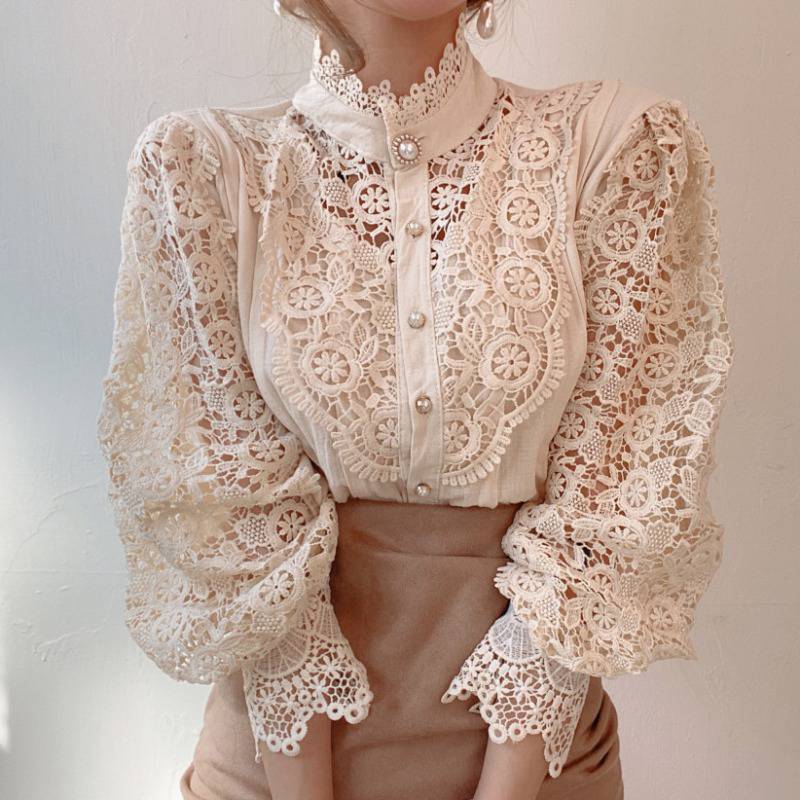 Design Style Blouse Lace Stand-up Collar Long-sleeved Shirt Women