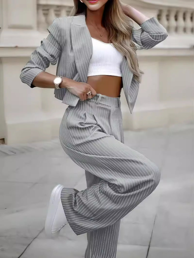 Women's Spring Fashion Striped Suits Casual Lapel Long Sleeve Cropped Top And Straight Pants