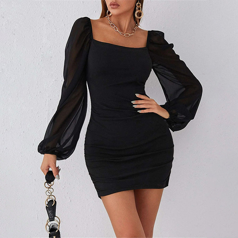 Mesh Stitching Ruffle Slim Fit Dress Women