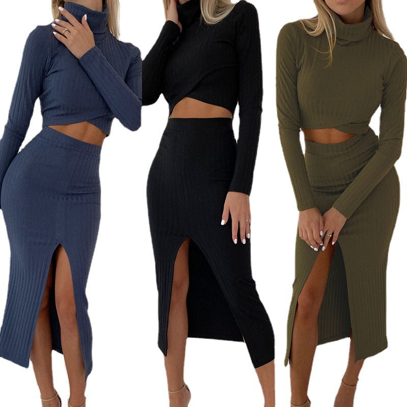 High-neck Long-sleeve T-shirt High-waist Wrap Slit Skirt Casual Set