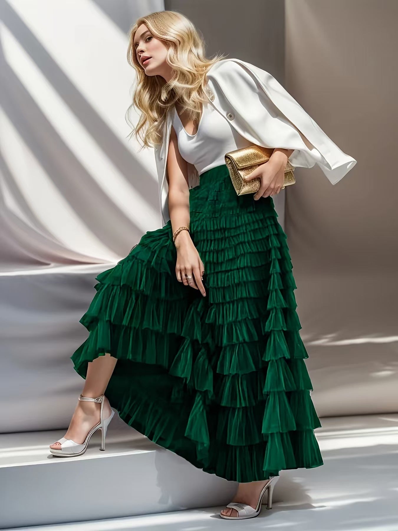 Layered Ruffles Cake Skirt Summer Fashion A Line Swing Mesh Long Skirt Party Dress Women