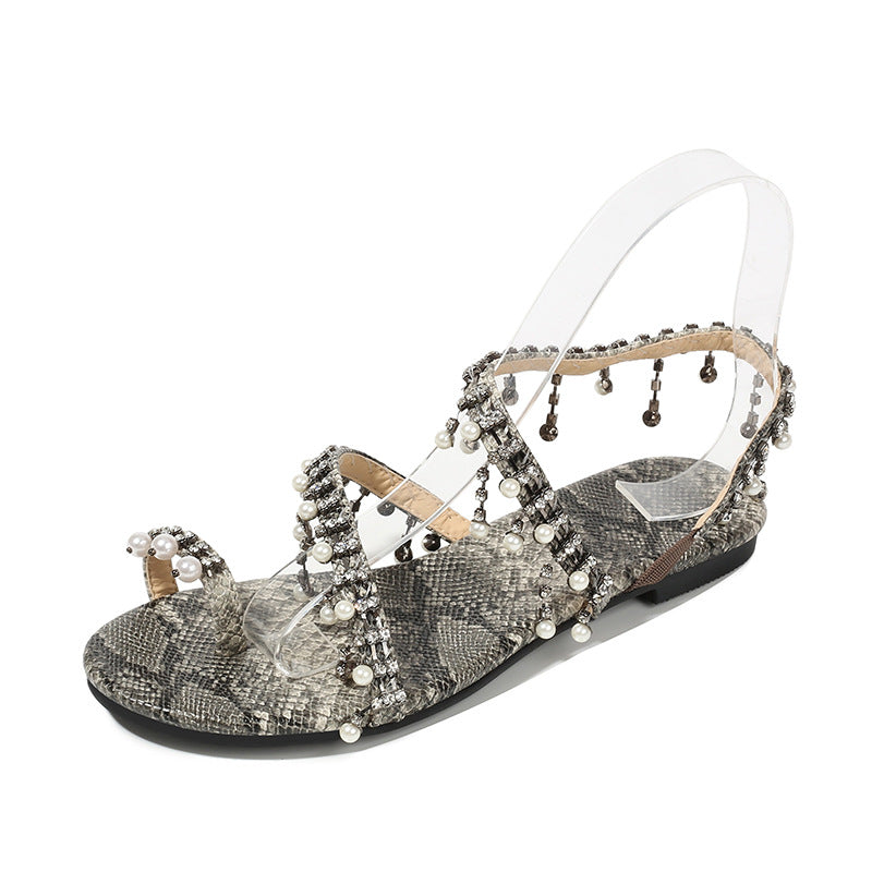 New Female Snake Print Flip Flops Pearl Sandals