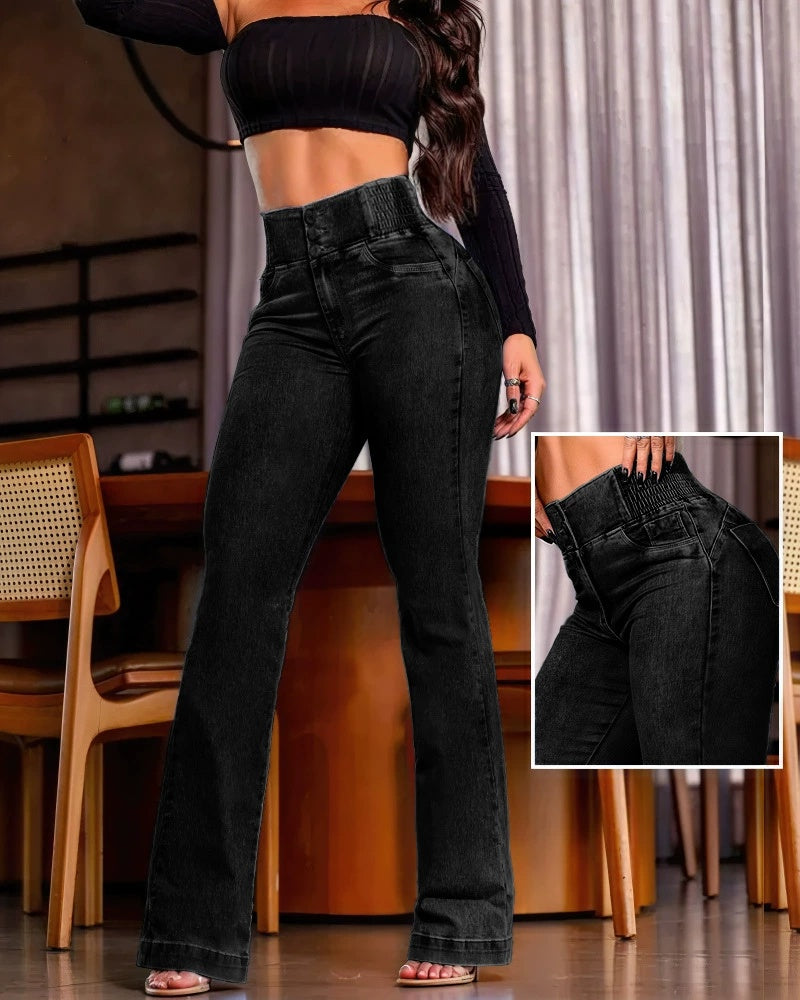 Elegant New Fashion Casual Female Trouser Bottom Back Shirred Button Front High Waist Jeans