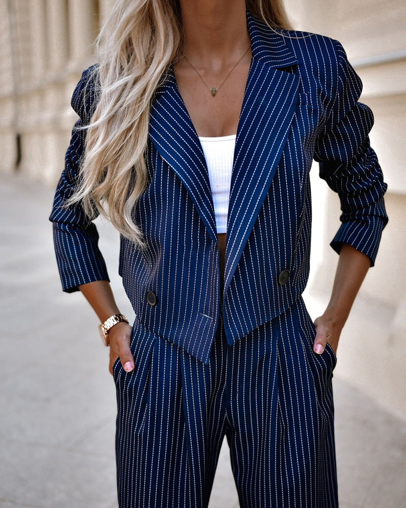 Women's Spring Fashion Striped Suits Casual Lapel Long Sleeve Cropped Top And Straight Pants