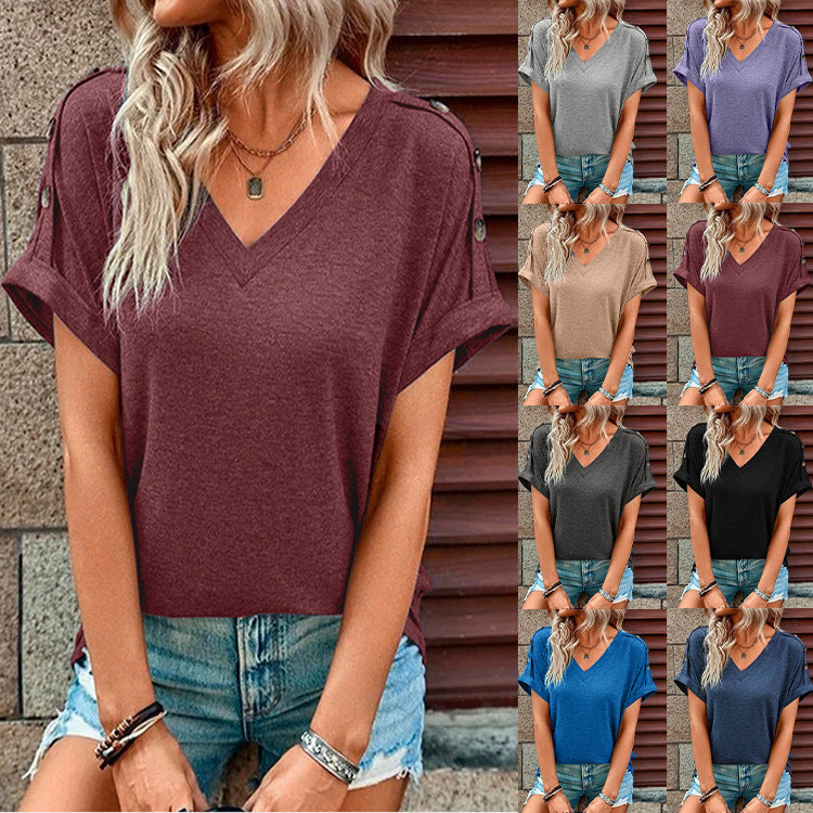 Top Solid Color Button Fashion Short Sleeve T-shirt