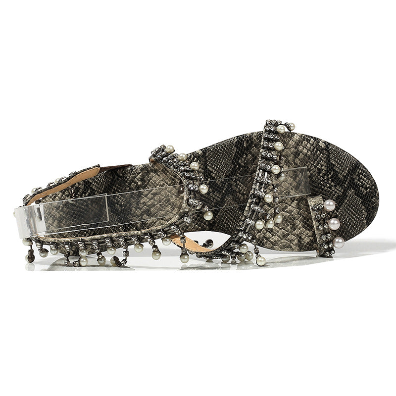 New Female Snake Print Flip Flops Pearl Sandals
