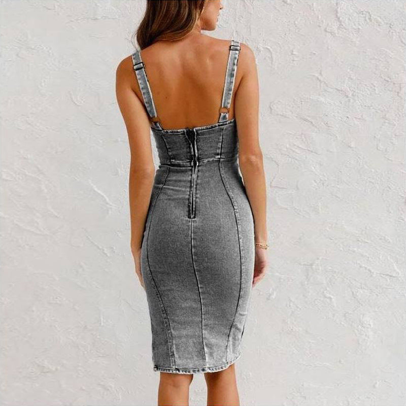 U-neck Suspender Denim Summer Casual Tight Slim Fit Dress
