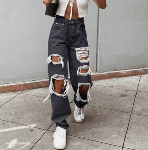 Retro Hole-punched Jeans Women High Waist Straight-crotch Loose Slim Design High-street Vibe Wide-legged Dragging Pants