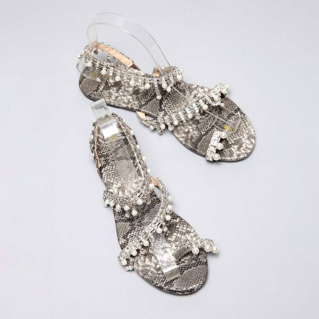 New Female Snake Print Flip Flops Pearl Sandals