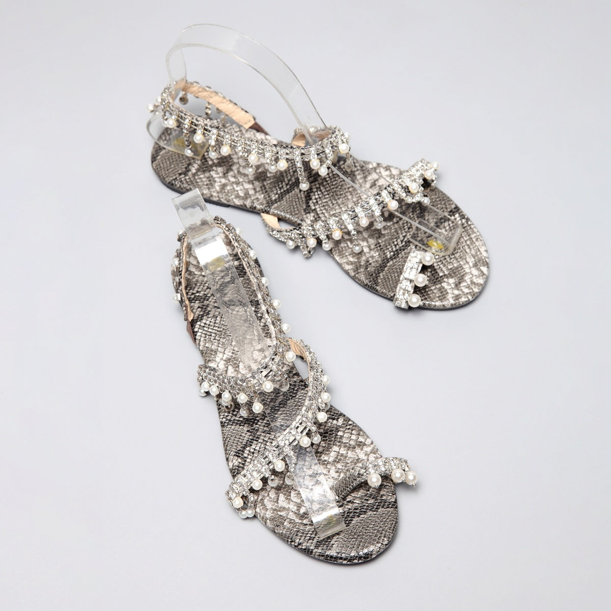 New Female Snake Print Flip Flops Pearl Sandals
