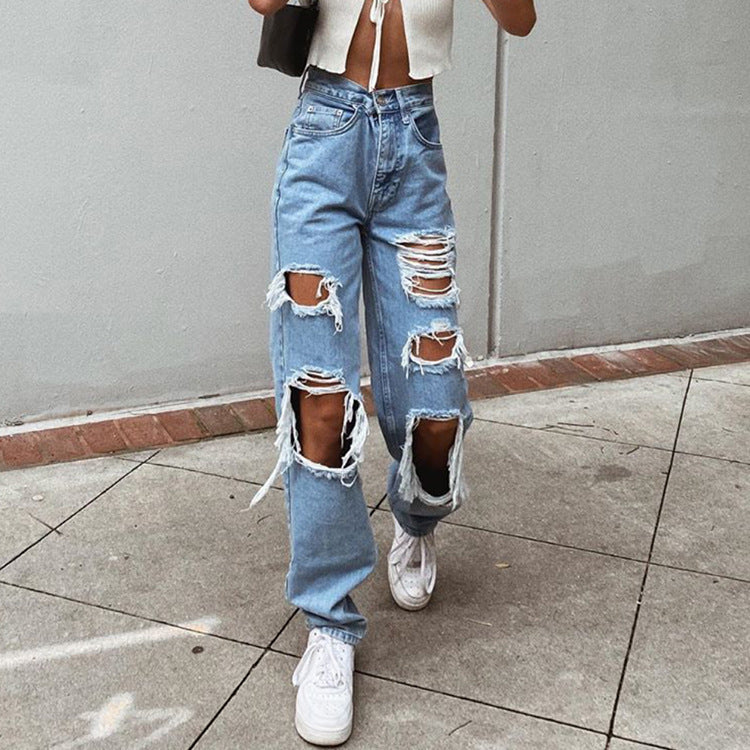 Retro Hole-punched Jeans Women High Waist Straight-crotch Loose Slim Design High-street Vibe Wide-legged Dragging Pants