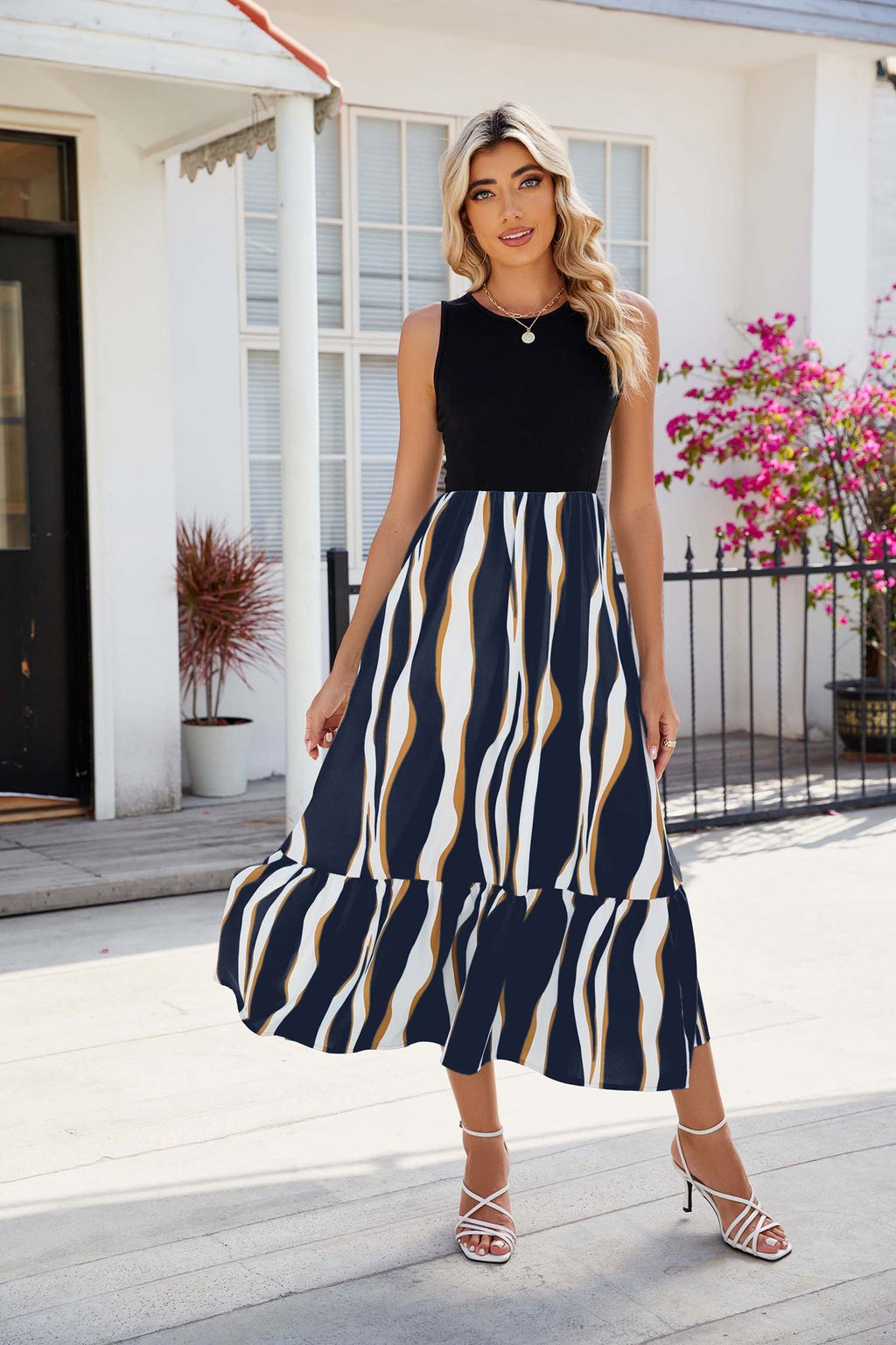 Round Neck Sleeveless Long Dress Summer Fashion Striped Print Dress