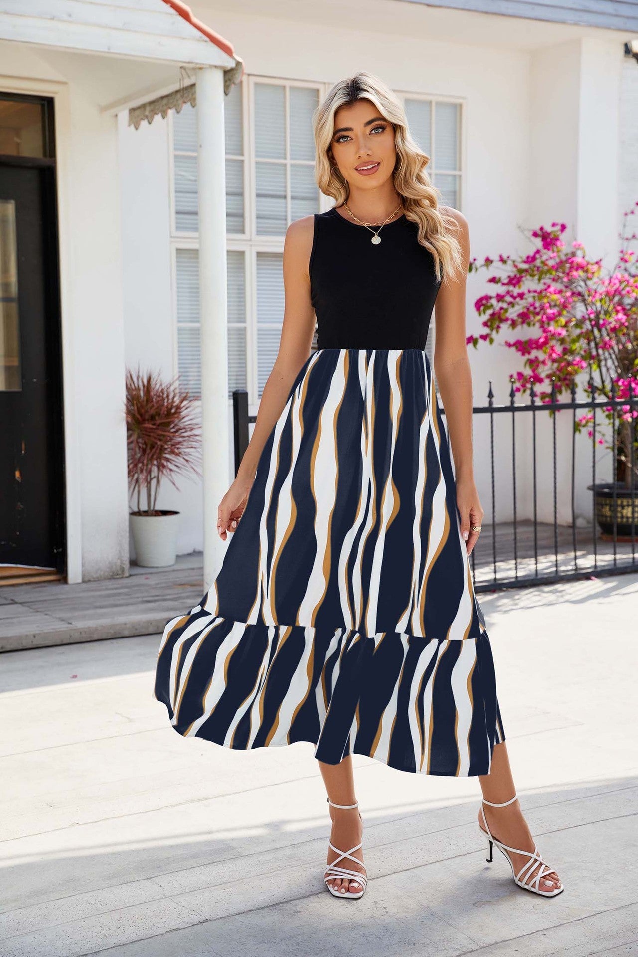 Round Neck Sleeveless Long Dress Summer Fashion Striped Print Dress