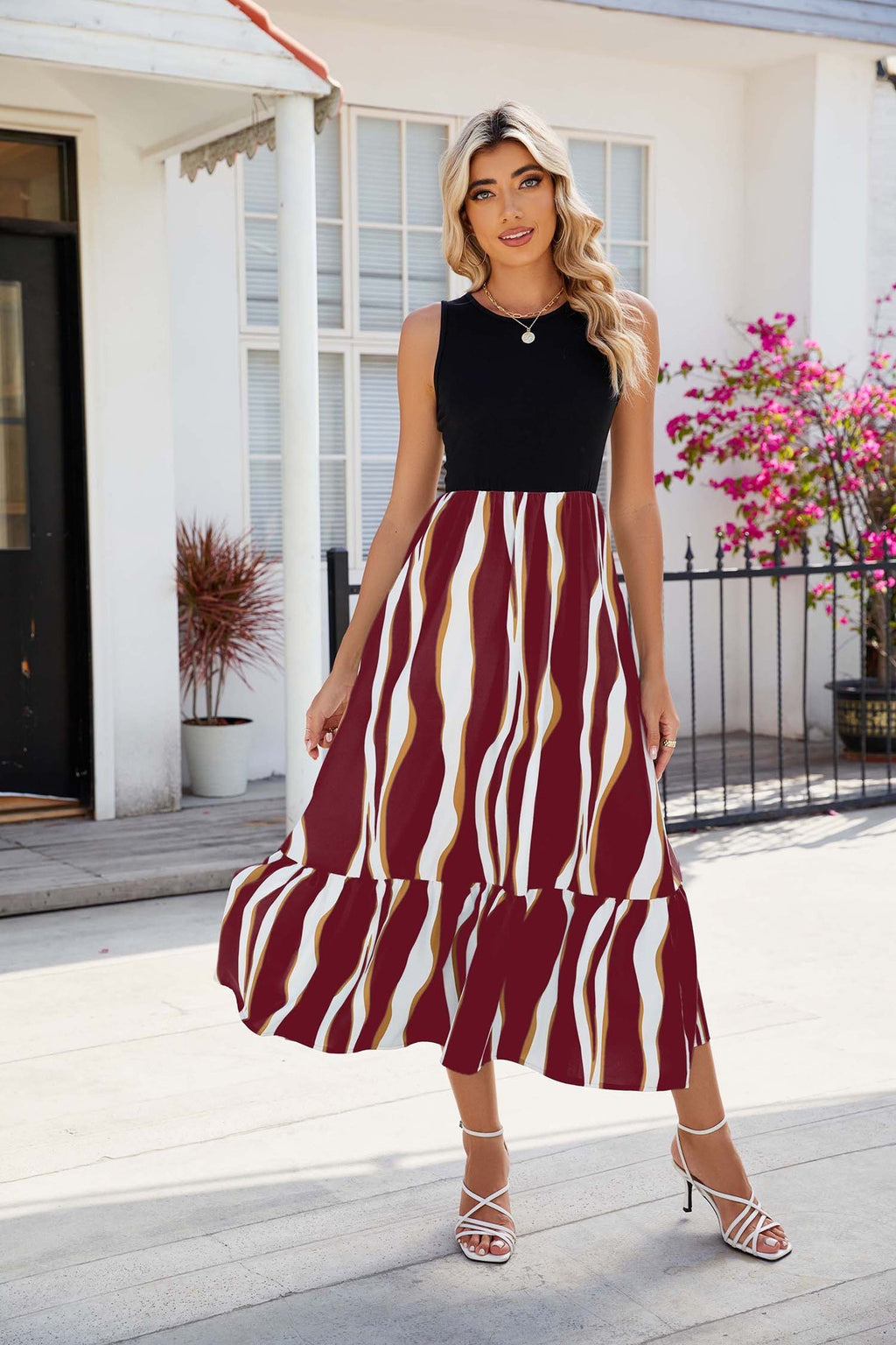 Round Neck Sleeveless Long Dress Summer Fashion Striped Print Dress