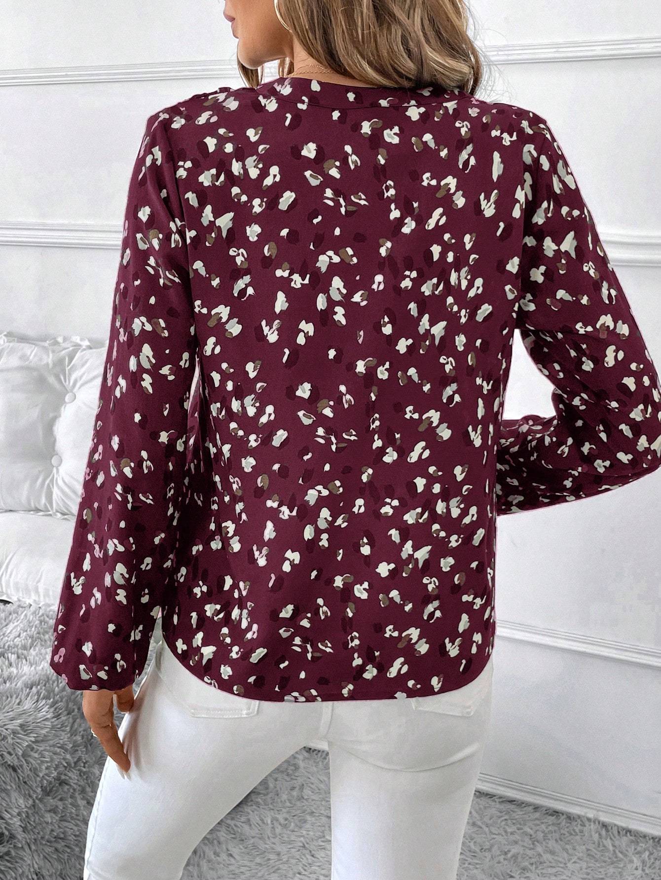 Women's V-Neck All-Over Print Elegant Long Sleeve Blouse