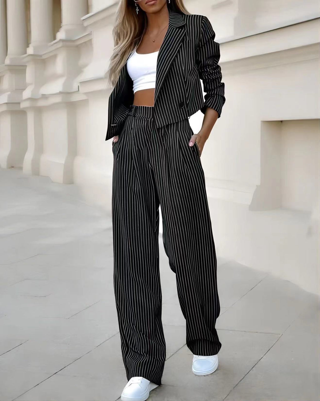 Women's Spring Fashion Striped Suits Casual Lapel Long Sleeve Cropped Top And Straight Pants