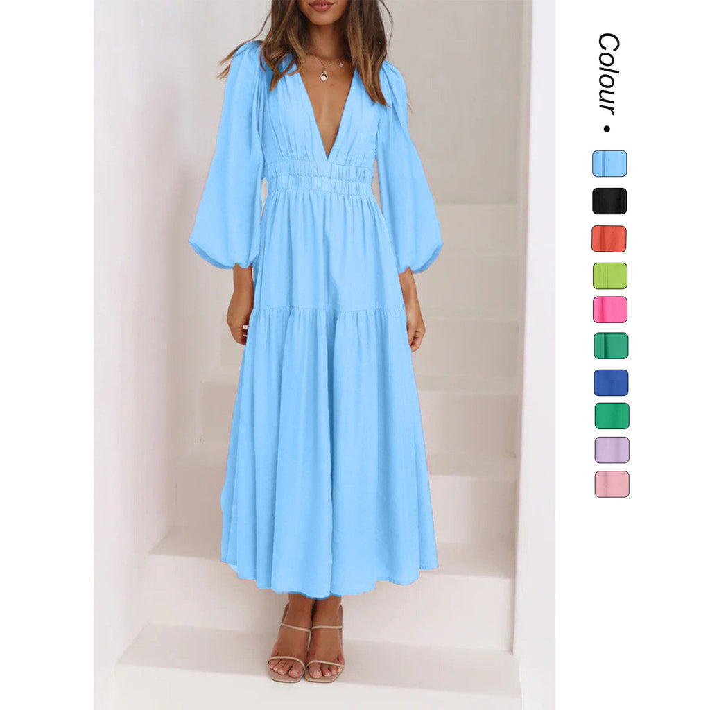 V-neck Waist-controlled Long Sleeves Dress Women