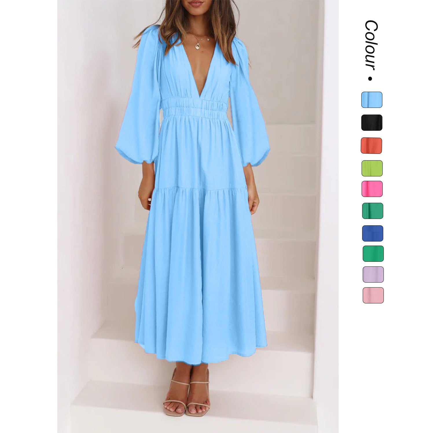 V-neck Waist-controlled Long Sleeves Dress Women