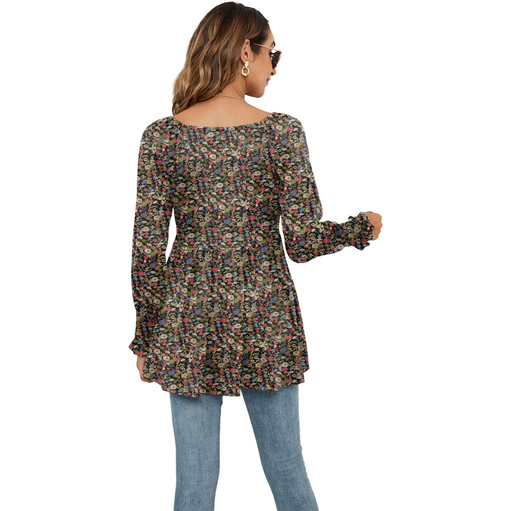 Long Puff Sleeve Tops Women Flowers Print Casual V-Neck Blouse