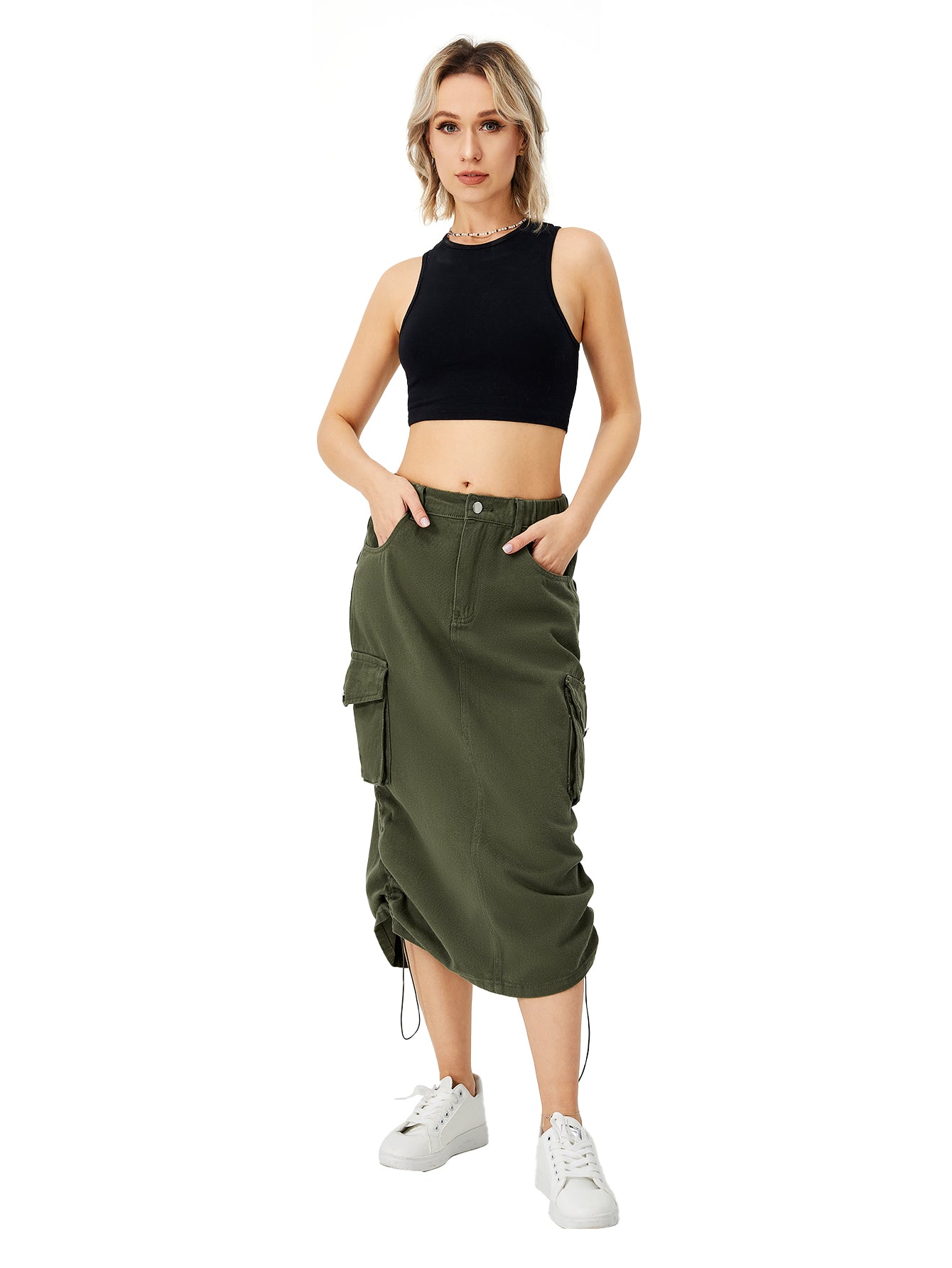 Women's Cargo Long Skirt Casual Streetwear Loose High Waist Front Split Maxi Skirt