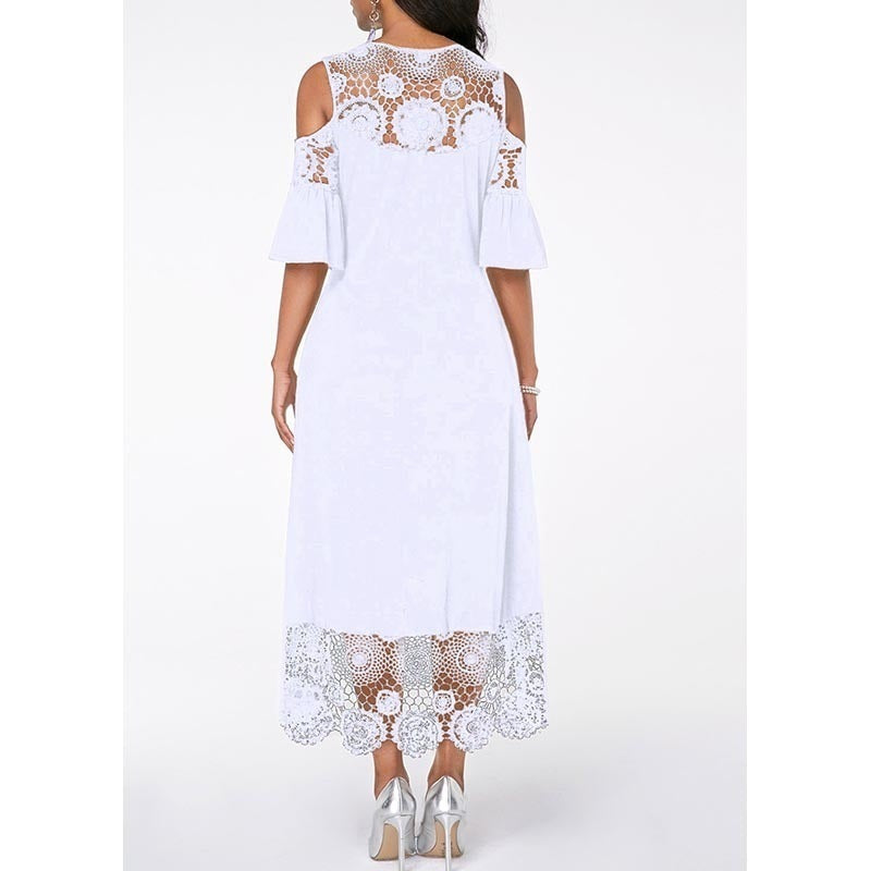 Lace Stitching Ruffled Short-sleeved Pullover Dress Women