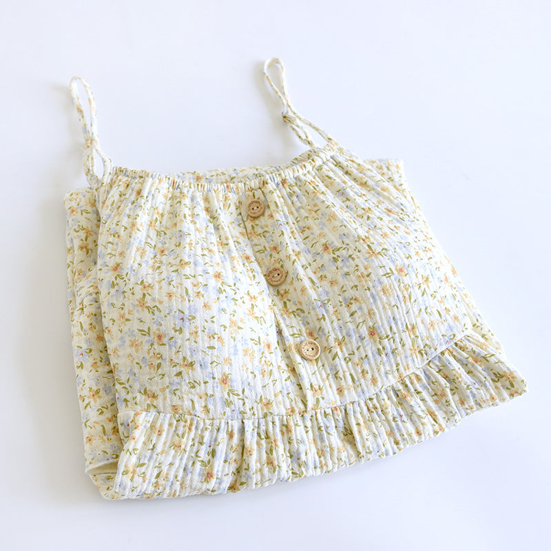 Sweet Floral Suspender Skirt Cotton Pajamas