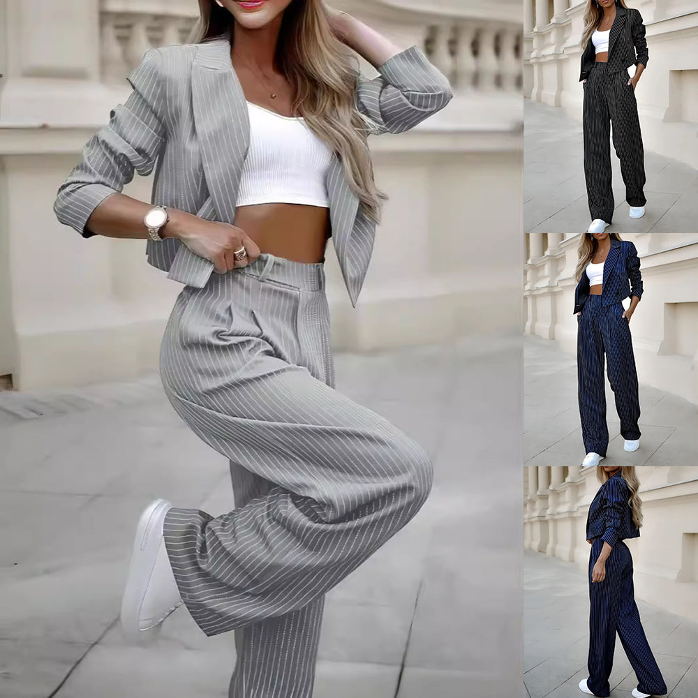 Women's Spring Fashion Striped Suits Casual Lapel Long Sleeve Cropped Top And Straight Pants