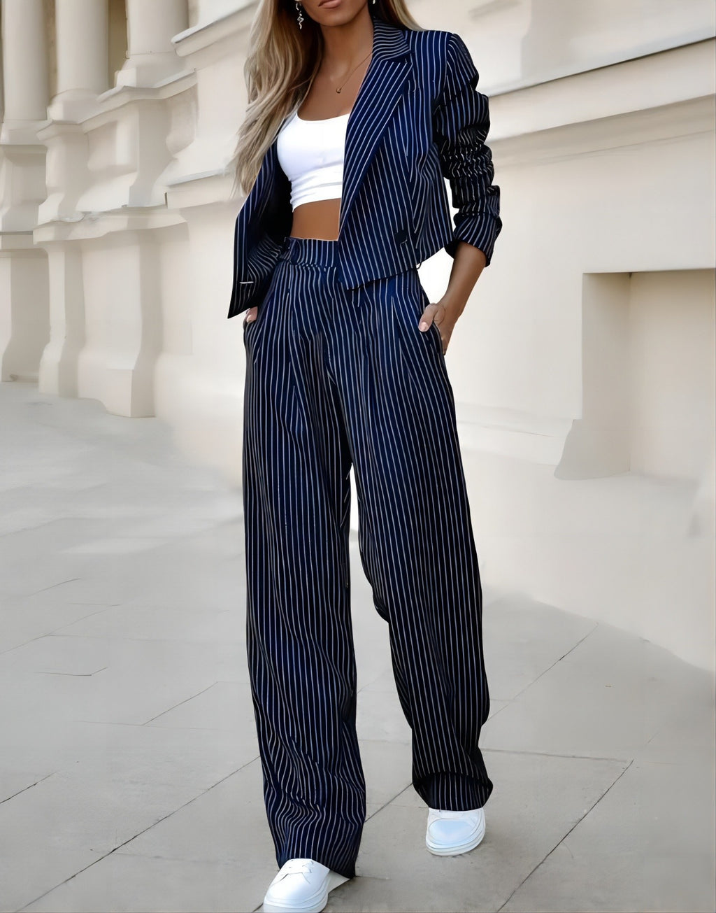 Women's Spring Fashion Striped Suits Casual Lapel Long Sleeve Cropped Top And Straight Pants